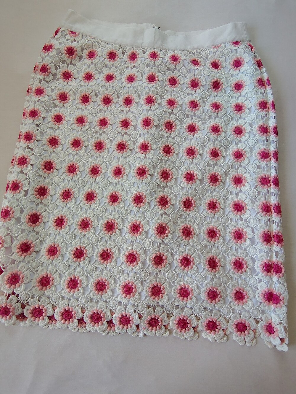 J. Crew White Lace Pencil Skirt with Pink Floral Embroidery Size 16.
